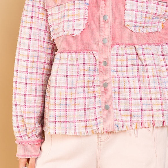 Corduroy Tweed Ballon Sleeves Pink Womens Shacket Button Down - Picture 6 of 11